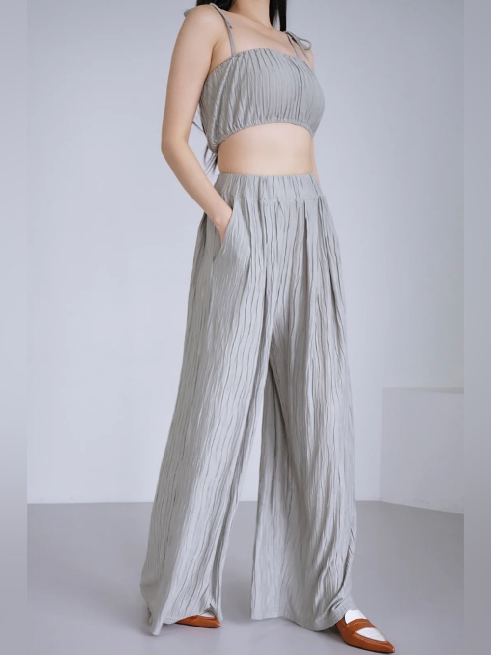 Storets Crop Top and Plisse Wide Leg Pants in Sage Green